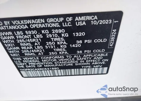 2024 Volkswagen Atlas 2.0T Sel Premium R-Line z USA, uszkodzony, nr VIN 1V2FR2CAXRC531880